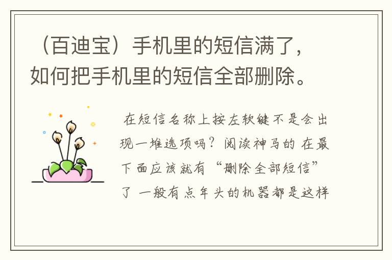 （百迪宝）手机里的短信满了，如何把手机里的短信全部删除。懂的请回答。