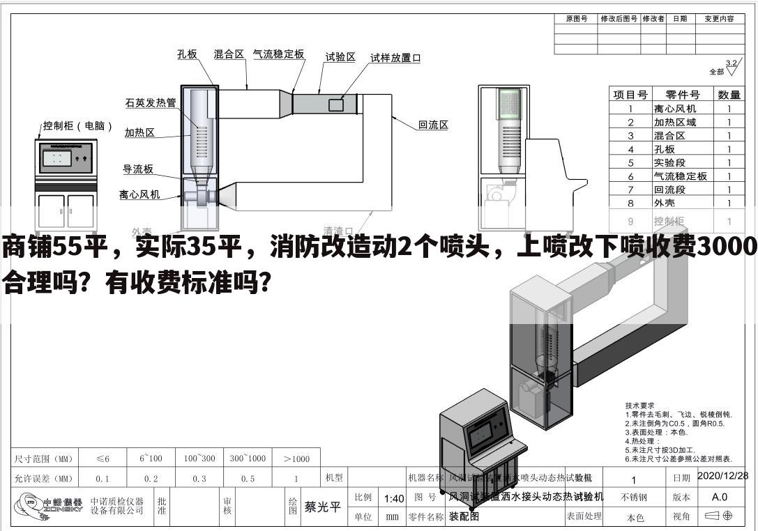 商铺55平，实际35平，消防改造动2个喷头，上喷改下喷收费3000合理吗？有收费标准吗？