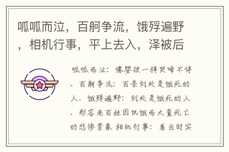 呱呱而泣，百舸争流，饿殍遍野，相机行事，平上去入，泽被后世，牝鸡司晨，这些成语是什么意思？