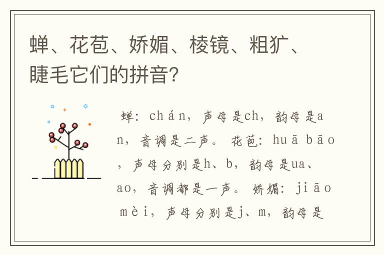 蝉、花苞、娇媚、棱镜、粗犷、睫毛它们的拼音？