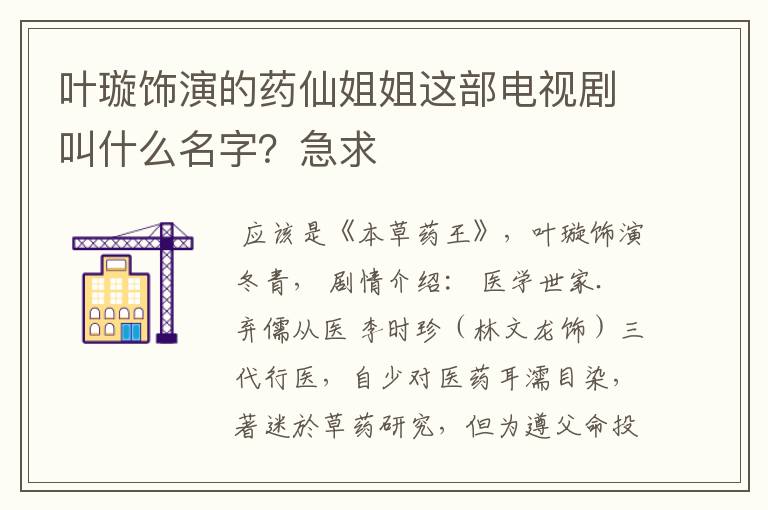 叶璇饰演的药仙姐姐这部电视剧叫什么名字？急求