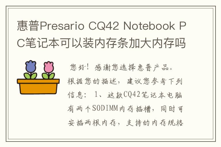惠普Presario CQ42 Notebook PC笔记本可以装内存条加大内存吗？可以换显卡吗